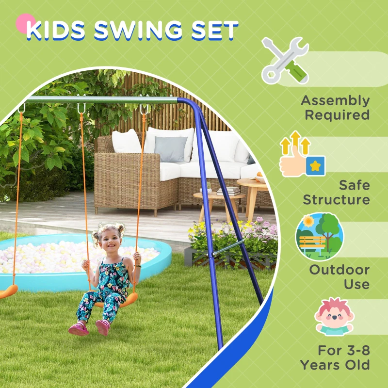 Outsunny Kids Swing Set Outdoor Metal Swing Frame with Double Swing Seats for 1-2 Children Aged 3-8 Years Old