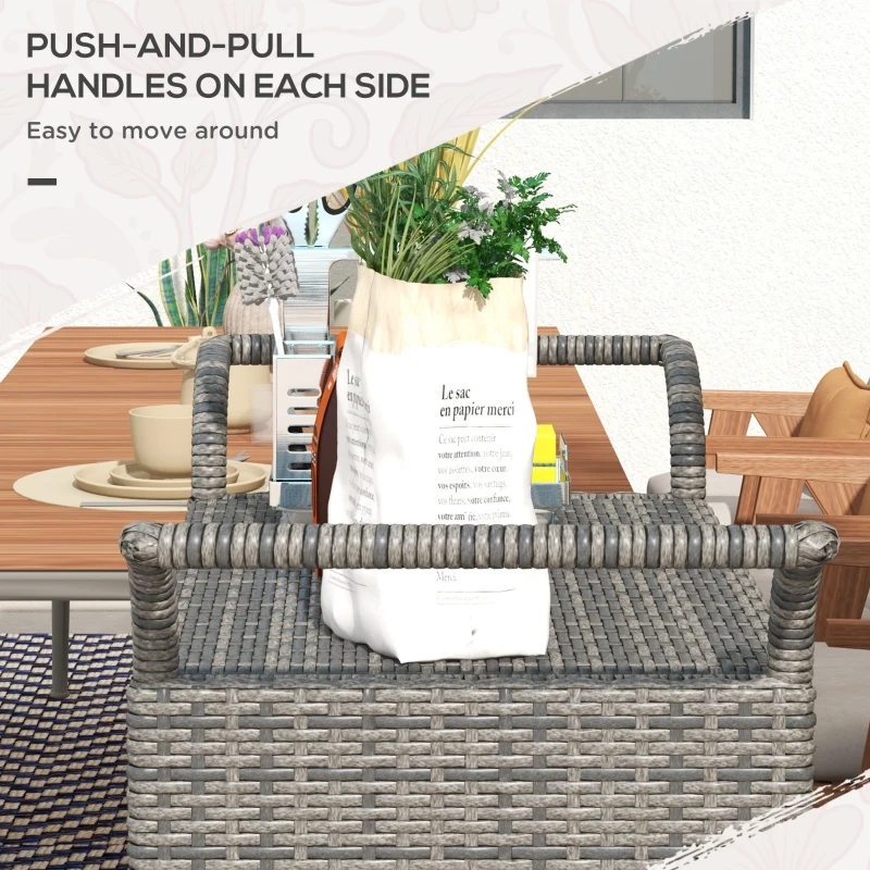 Outsunny Patio PE Wicker Garden Serving Cart with 2-Tier Shelf, Outdoor Wheeled Rattan Food Cart with Drawer, Handles, for Poolside, Garden, Mixed Grey