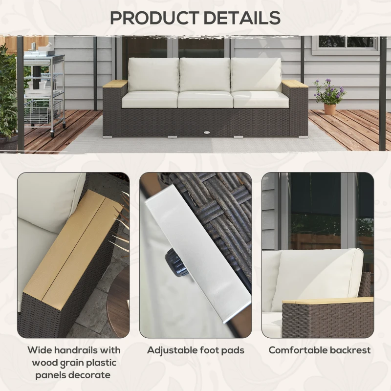 Outsunny 3-Seat Outdoor Patio Sofa with Cushions, PE Rattan Wicker Sofa with Wide Armrests, Outdoor Wicker Couch, Beige