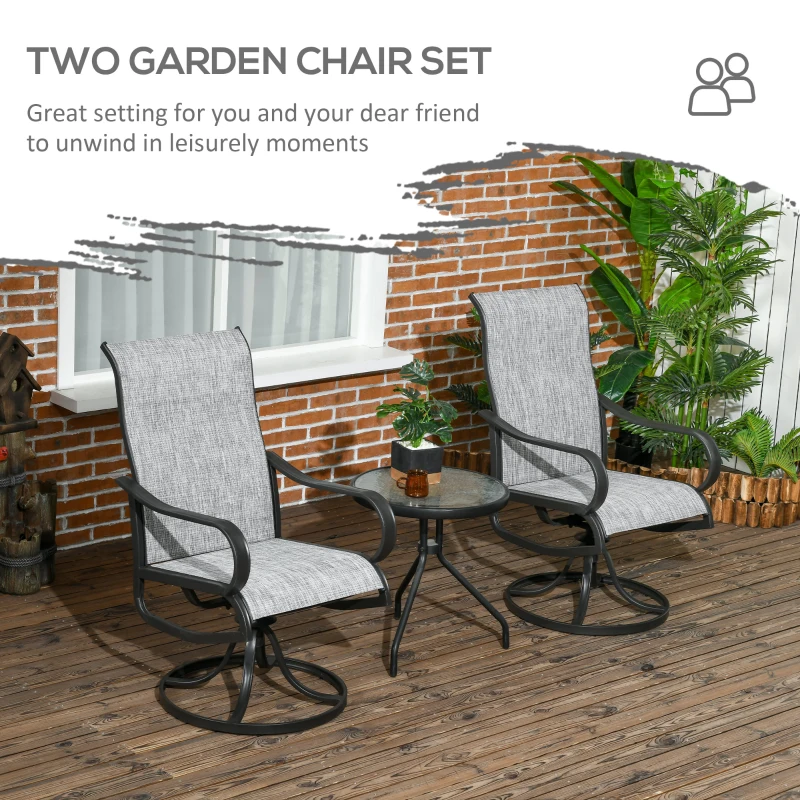 Outsunny 2-Piece Swivel Patio Dining Chairs, 360° Swivel Rocking Outdoor Chairs with Curved Armrests, Breathable Mesh Seat & S Shape Backrest for Yard, Lawn, Porch, Dark Grey