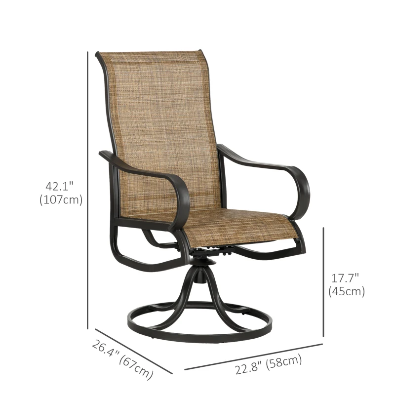 Outsunny 2-Piece Swivel Patio Dining Chairs, 360° Swivel Rocking Outdoor Chairs with Curved Armrests, Breathable Mesh Seat & S Shape Backrest for Yard, Lawn, Porch, Brown