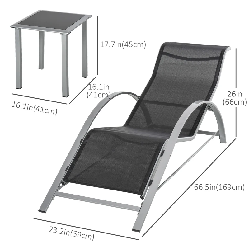 Outsunny 3 Pieces Outdoor Lounge Chair Set, 2 S-Shaped Lawn Chairs and a Glass Table for Patio, Yard, Black