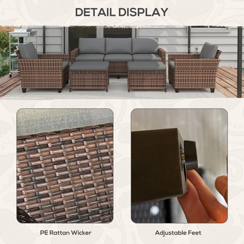 Outsunny 5-Piece Patio Furniture Set with PE Rattan Three-Seater Sofa, Armchairs, Footstools, Cushions, Mixed Brown
