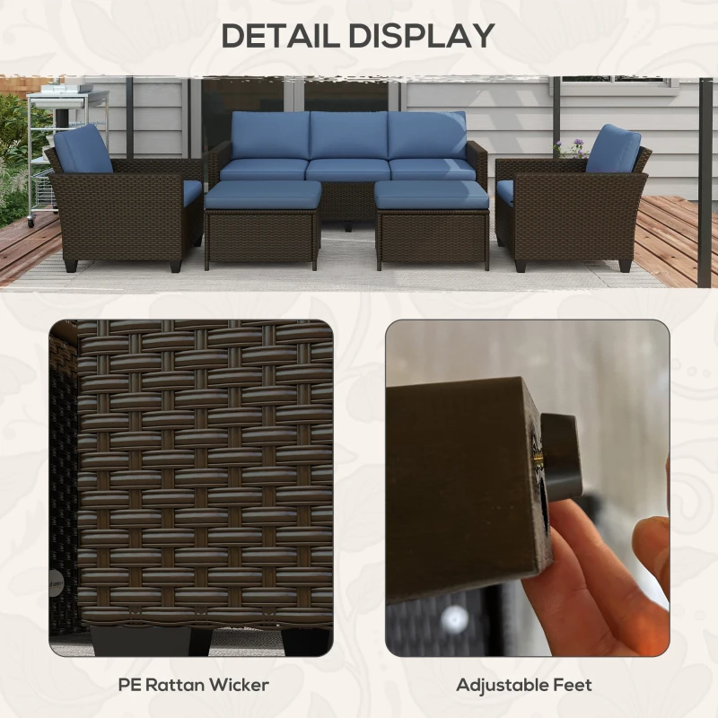 Outsunny 5-Piece Patio Furniture Set with Deep Coffee Rattan, Includes Cushioned 3-Seater Sofa, Chairs & Footstools, Outdoor Conversation Set for Backyard, Lawn, Pool Relaxation