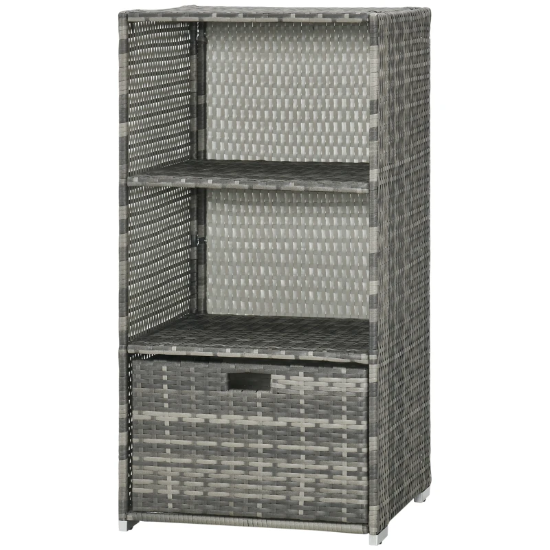 Outsunny Outdoor Storage Cabinet, Patio Storage Box Rack Rattan Wicker Pool Towel Valet Organizer Poolside Garden Lawn Bathroom Furniture Shelf w/ Shelf Drawer, Mixed Grey