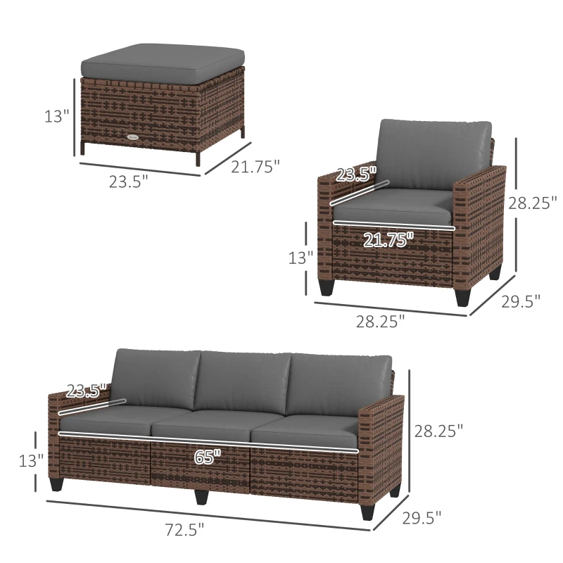 Outsunny 5-Piece Patio Furniture Set with PE Rattan Three-Seater Sofa, Armchairs, Footstools, Cushions, Mixed Brown
