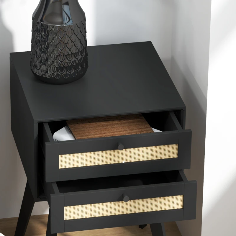 HOMCOM Boho Night Stands Set of 2, Bedside Tables with 2 Rattan Drawers, Square End Tables for Bedroom, Living Room