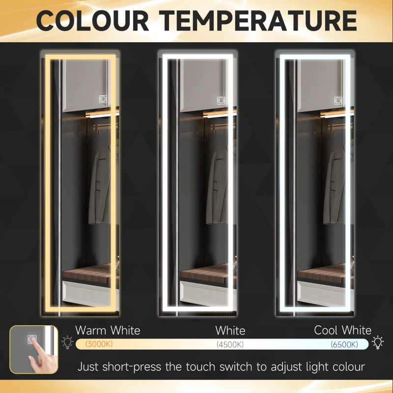 HOMCOM Dimming Full Length Mirror, 47" x 16" Long Wall Mirror with 3 Colour LED, Smart Touch, Memory Function