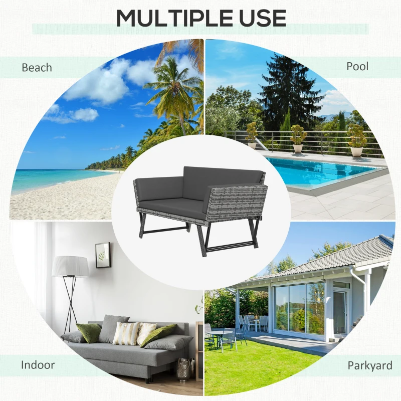 Outsunny Convertible Wicker Loveseat Grey Patio Chaise Lounge