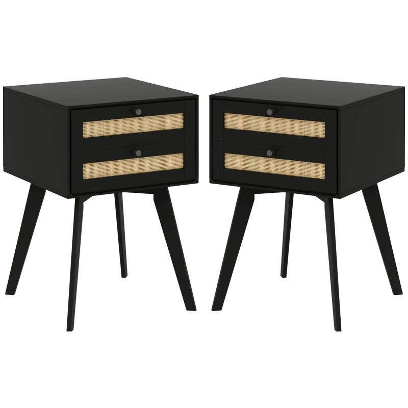 HOMCOM Boho Night Stands Set of 2, Bedside Tables with 2 Rattan Drawers, Square End Tables for Bedroom, Living Room