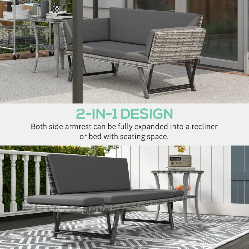 Outsunny Convertible Wicker Loveseat Grey Patio Chaise Lounge