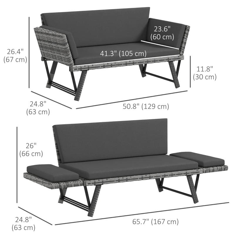 Outsunny Convertible Wicker Loveseat Grey Patio Chaise Lounge