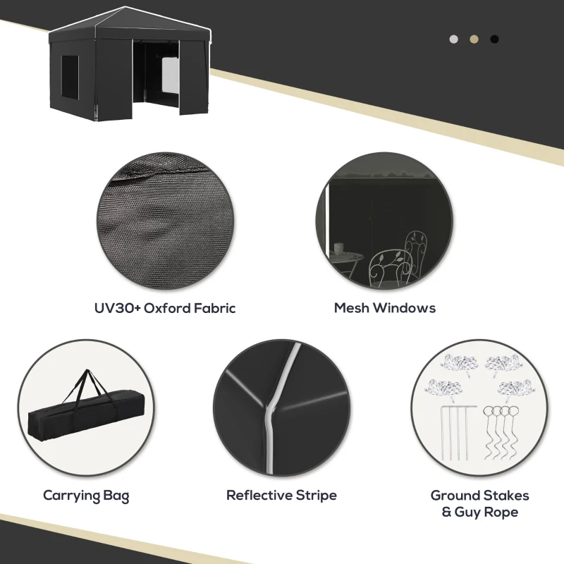 Outsunny 9.7' x 9.7' Pop Up Canopy with Sidewalls, Portable Canopy Tent with 2 Mesh Windows, Reflective Strips, Carry Bag, Black