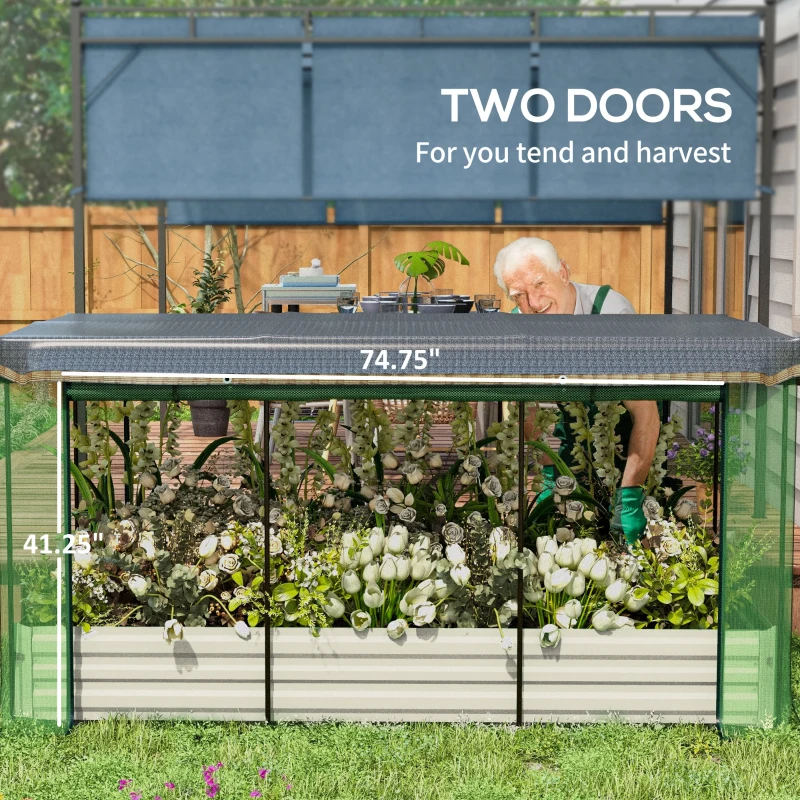 Outsunny Galvanized Steel Planter Box with Crop Cage and Shade Cloth, Raised Garden Bed for Flowers, Veggies and Herbs, Beige