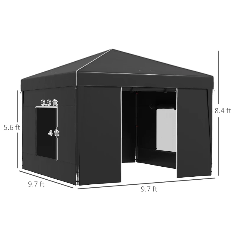Outsunny 9.7' x 9.7' Pop Up Canopy with Sidewalls, Portable Canopy Tent with 2 Mesh Windows, Reflective Strips, Carry Bag, Black