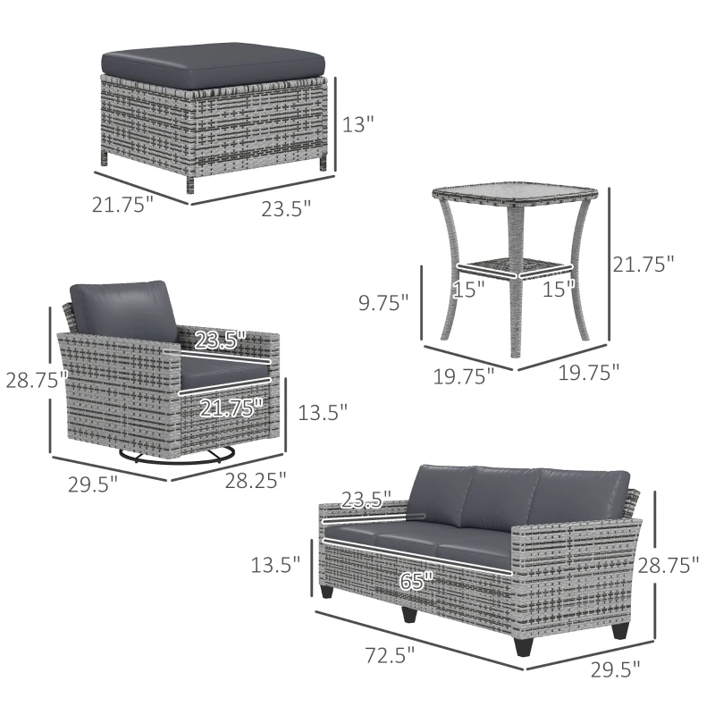 Outsunny 6-Piece Rattan Patio Furniture Set with 3-Seater Sofa, Swivel Rocking Chairs, Footstools, 2 Tier Table, Mixed Gray