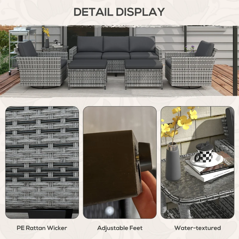 Outsunny 6-Piece Rattan Patio Furniture Set with 3-Seater Sofa, Swivel Rocking Chairs, Footstools, 2 Tier Table, Mixed Gray