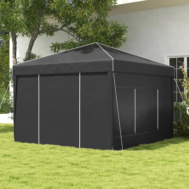 Outsunny 9.7' x 9.7' Pop Up Canopy with Sidewalls, Portable Canopy Tent with 2 Mesh Windows, Reflective Strips, Carry Bag, Black