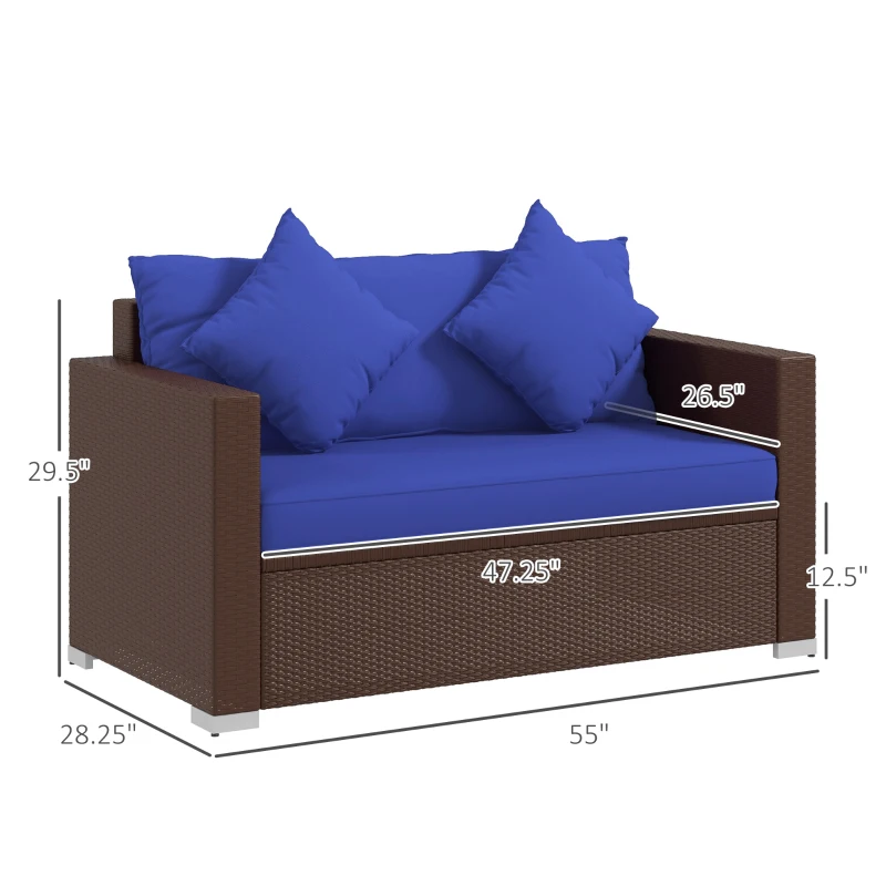 Outsunny Wicker Loveseat, Patio Furniture Couch with Cushions, 2 Seat PE Rattan Sofa, 2 Throw Pillows, Blue