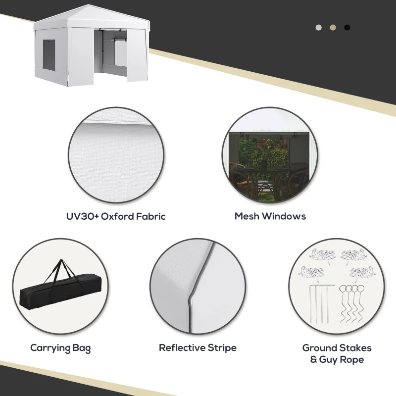 Outsunny 9.7' x 9.7' Pop Up Canopy with Sidewalls, Portable Canopy Tent with 2 Mesh Windows, Reflective Strips, Carry Bag, White