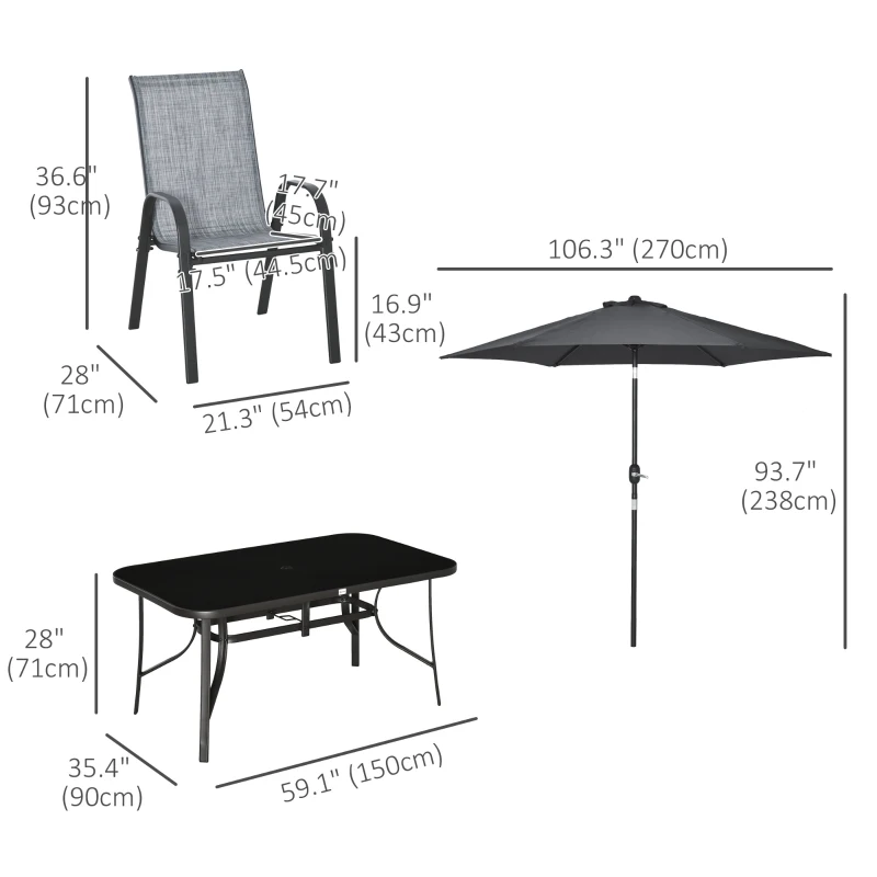 Outsunny 8 Pieces Patio Dining Set with Umbrella, 6 Chairs and Table, Grey