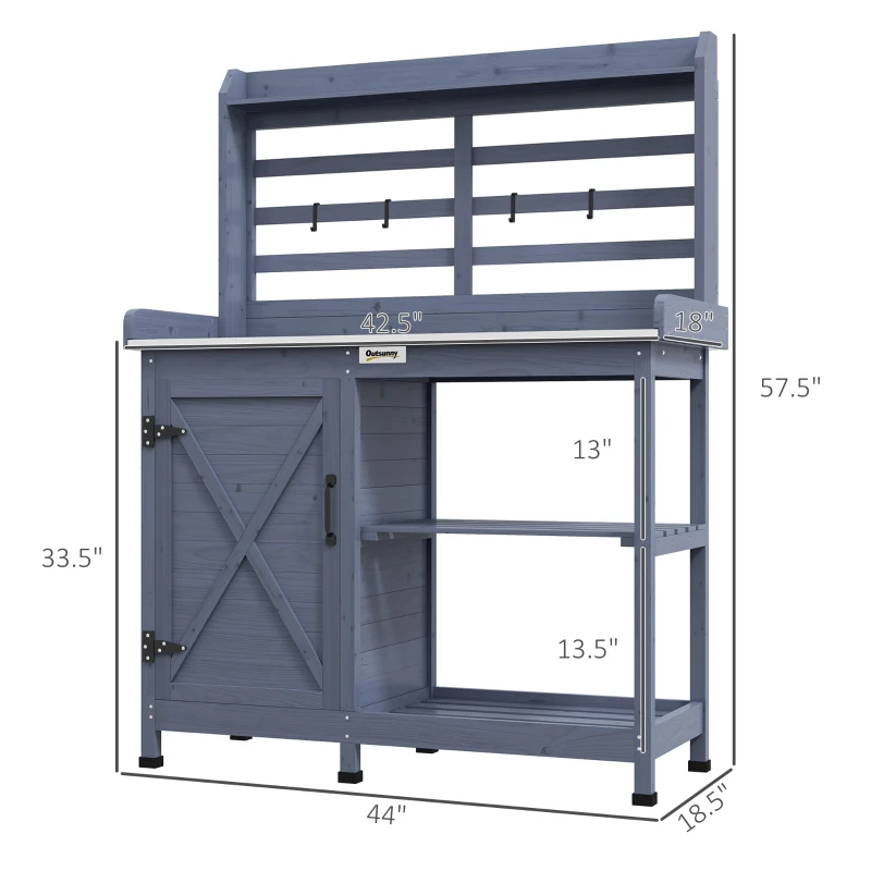 Outsunny Wooden Potting Bench with Storage, Aluminum Tabletop for Backyard, Patio, Balcony, Gray