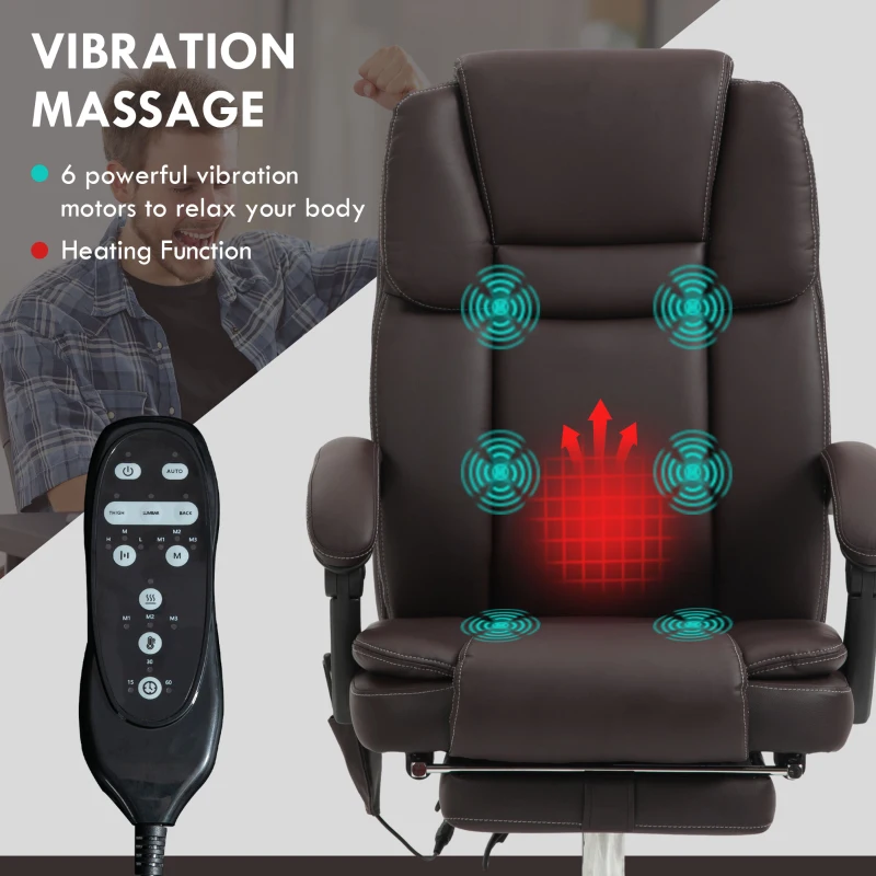 Vinsetto 6 Point Vibration Massage Office Chair, PU Leather Reclining Computer Chair with Adjustable Height, Brwon