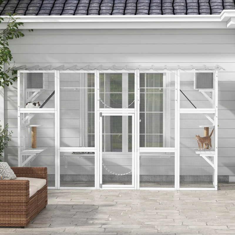 PawHut Large Outdoor Catio with Condos, Platforms, Doors, Ladders, Weather-Resistant Roof, White
