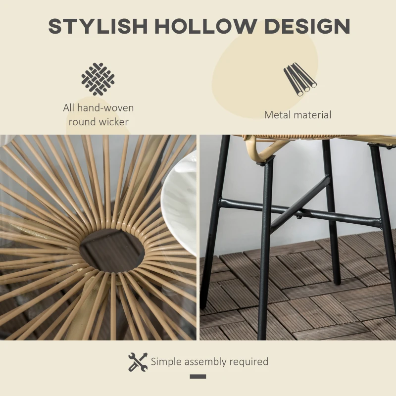 Outsunny Rattan Side Table, Round Outdoor Table, with Round PE Rattan and Tempered Glass Table Top for Patio, Garden, Beige