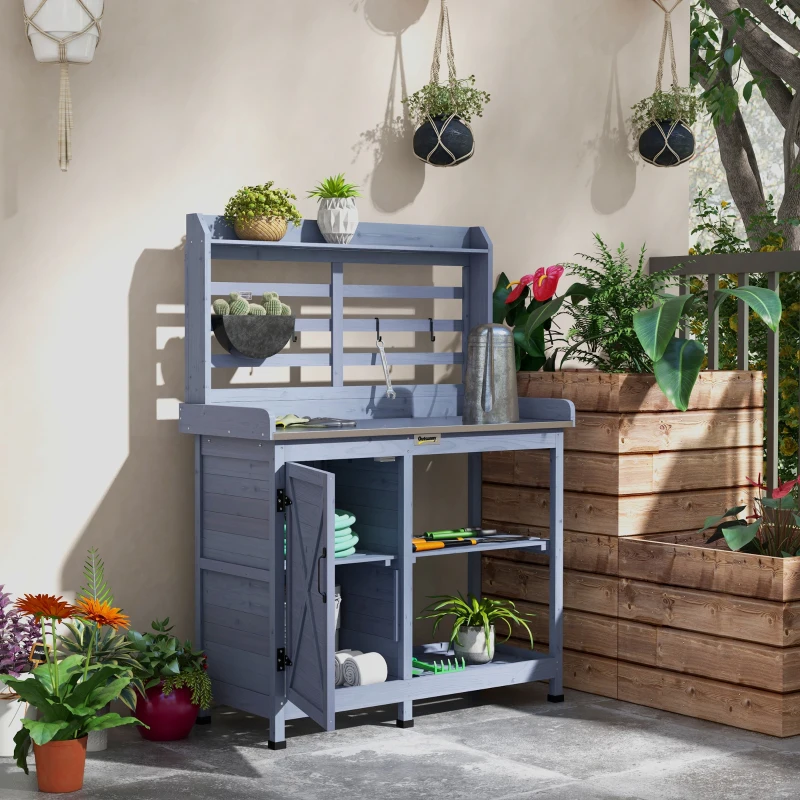 Outsunny Wooden Potting Bench with Storage, Aluminum Tabletop for Backyard, Patio, Balcony, Gray