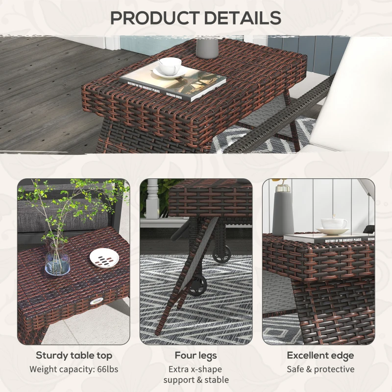 Outsunny Outdoor Rattan Foldable End Table, Metal Frame Patio Wicker Table, Coffee Table Side Table for Poolside, Lawn, Garden, Brown
