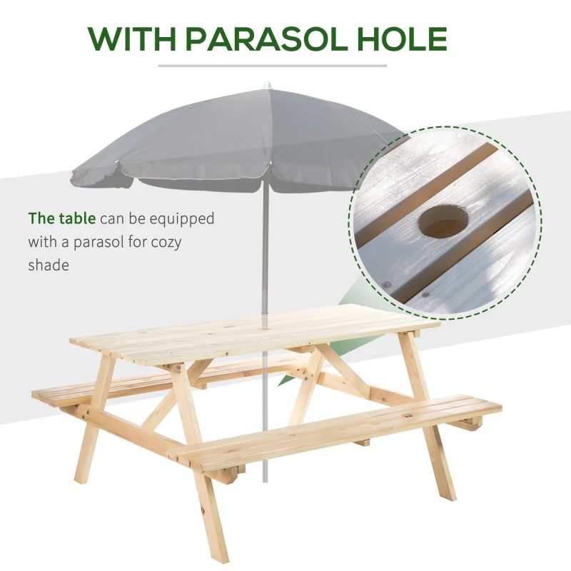Outsunny Wood Picnic Table, Camping Table and Bench Set with Umbrella Hole for Outdoor, Garden, Patio, Backyard, Natural