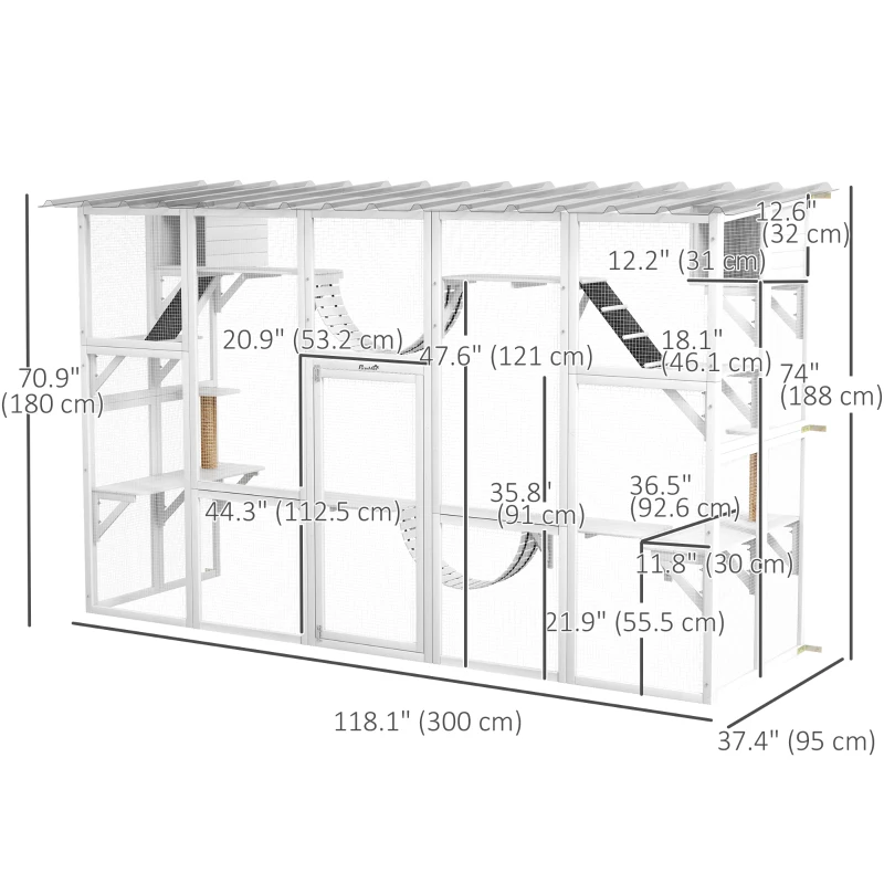 PawHut Large Outdoor Catio with Condos, Platforms, Doors, Ladders, Weather-Resistant Roof, White
