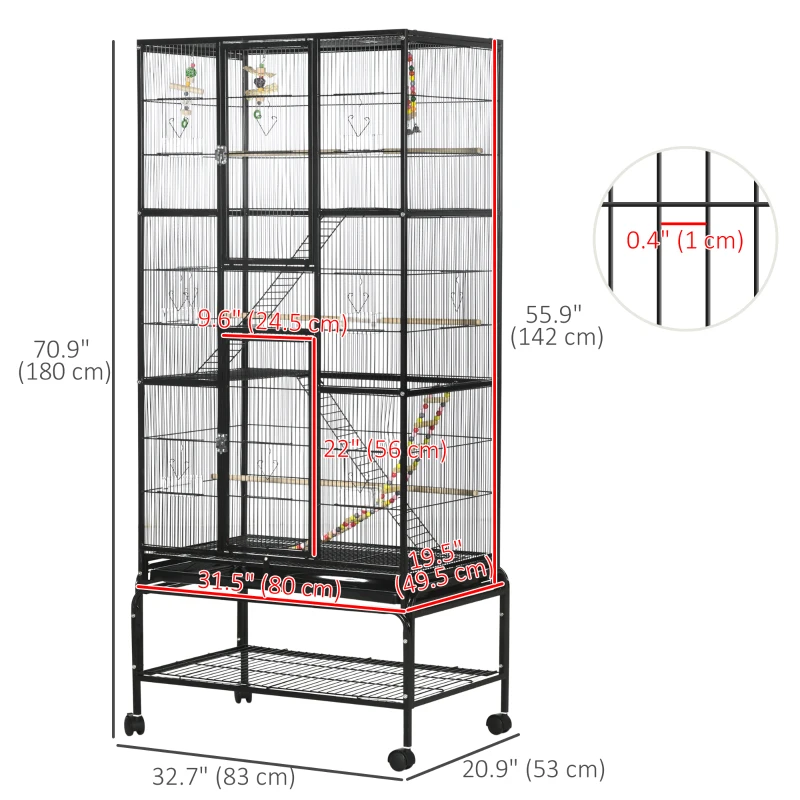 PawHut 71" Bird Cage with Wheels Perches, Ramp, Storage Shelf, Toys for Canaries, Finches, Cockatiels, Parakeets, Black