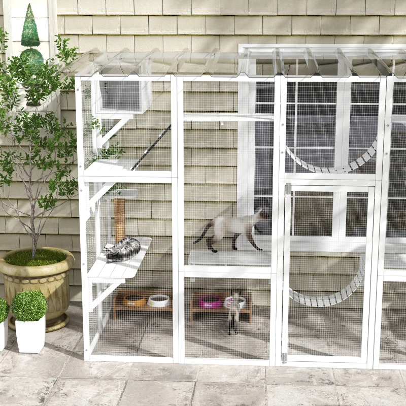 PawHut Large Outdoor Catio with Condos, Platforms, Doors, Ladders, Weather-Resistant Roof, White