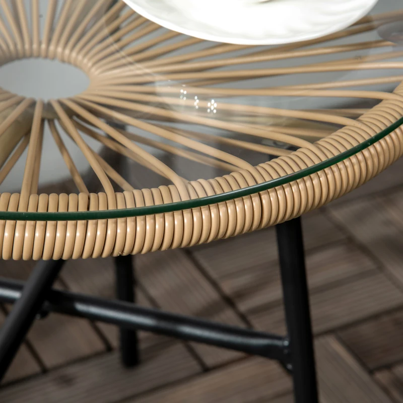 Outsunny Rattan Side Table, Round Outdoor Table, with Round PE Rattan and Tempered Glass Table Top for Patio, Garden, Beige