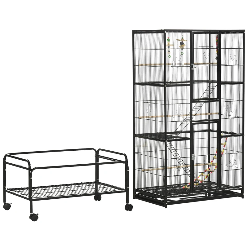 PawHut 71" Bird Cage with Wheels Perches, Ramp, Storage Shelf, Toys for Canaries, Finches, Cockatiels, Parakeets, Black