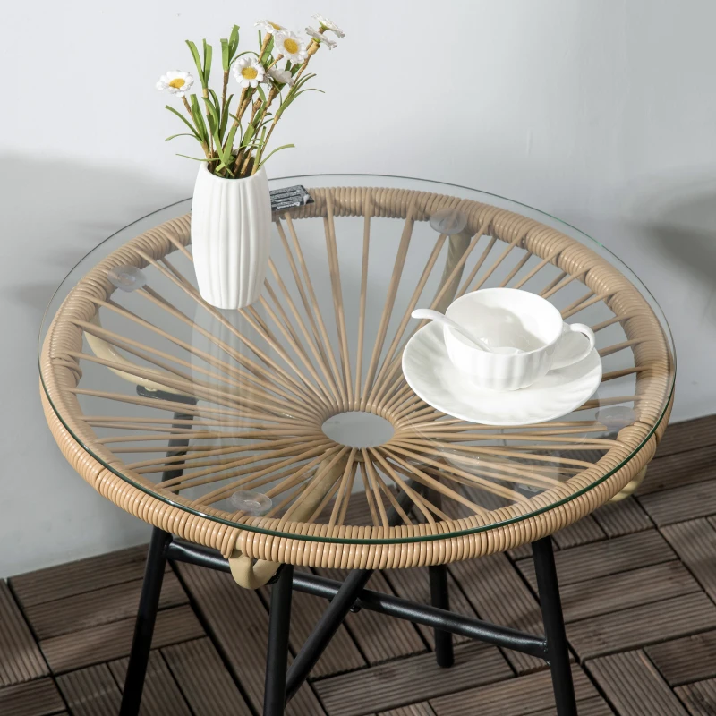 Outsunny Rattan Side Table, Round Outdoor Table, with Round PE Rattan and Tempered Glass Table Top for Patio, Garden, Beige