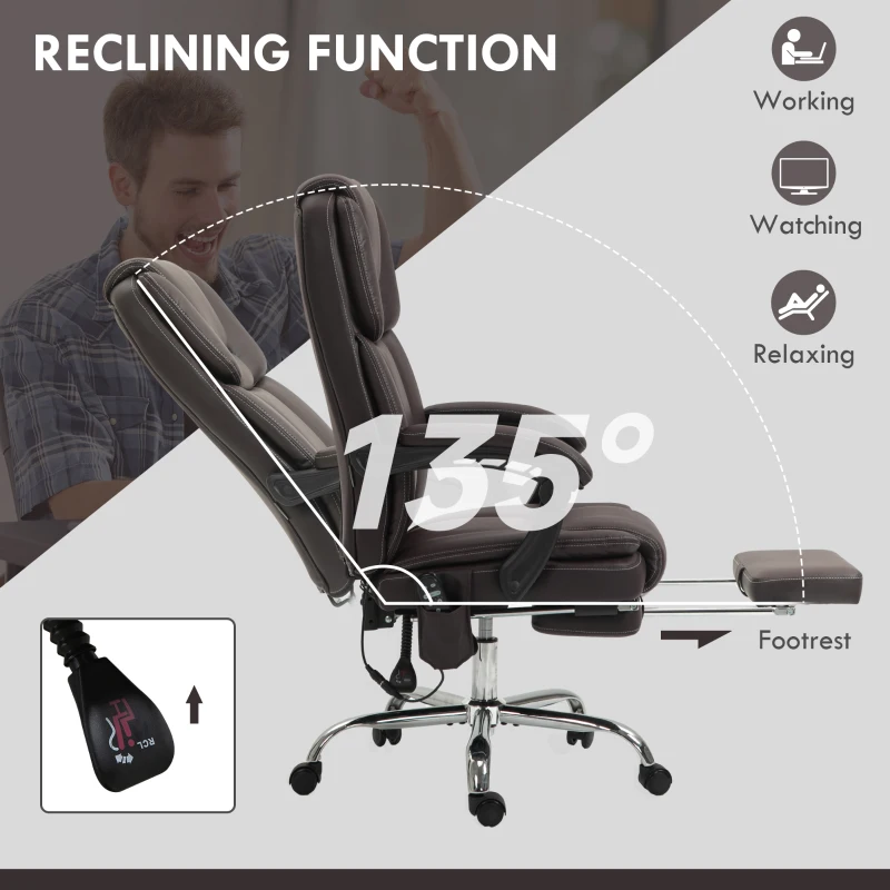 Vinsetto 6 Point Vibration Massage Office Chair, PU Leather Reclining Computer Chair with Adjustable Height, Brwon