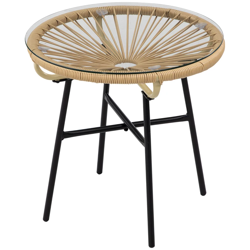 Outsunny Rattan Side Table, Round Outdoor Table, with Round PE Rattan and Tempered Glass Table Top for Patio, Garden, Beige