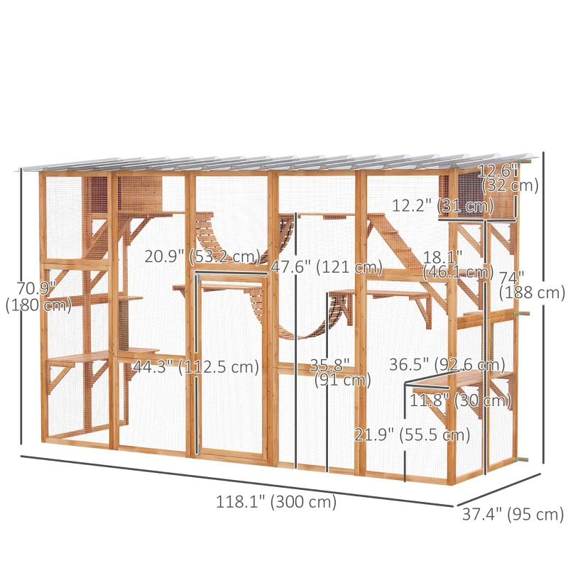 PawHut Large Outdoor Catio with Condos, Platforms, Doors, Ladders, Weather-Resistant Roof, Orange