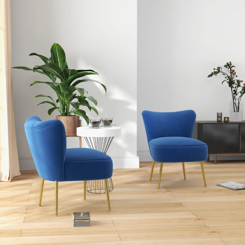 HOMCOM Velvet Lounge Chairs Set of 2, Modern Accent Chairs for Living Room with Gold Steel Legs and Tufting Backrest, Dark Blue