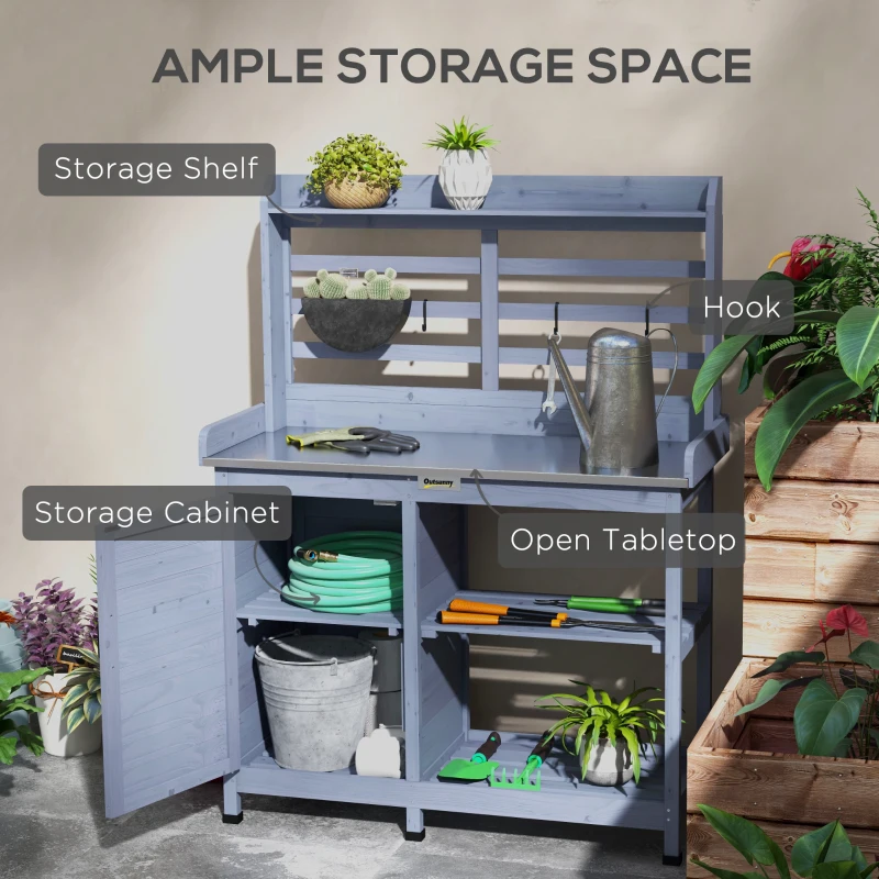 Outsunny Wooden Potting Bench with Storage, Aluminum Tabletop for Backyard, Patio, Balcony, Gray