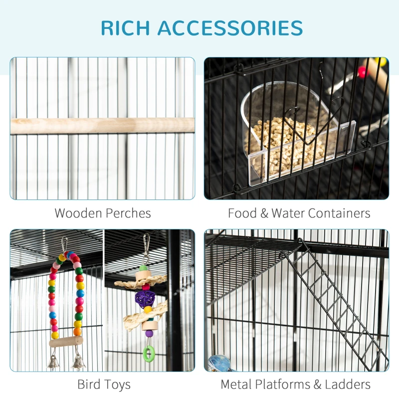 PawHut 71" Bird Cage with Wheels Perches, Ramp, Storage Shelf, Toys for Canaries, Finches, Cockatiels, Parakeets, Black