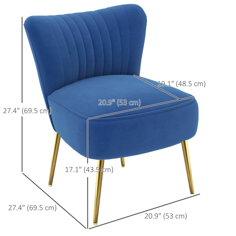 HOMCOM Velvet Lounge Chairs Set of 2, Modern Accent Chairs for Living Room with Gold Steel Legs and Tufting Backrest, Dark Blue