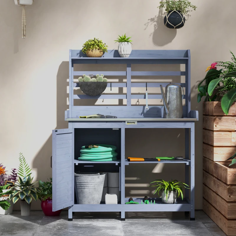 Outsunny Wooden Potting Bench with Storage, Aluminum Tabletop for Backyard, Patio, Balcony, Gray