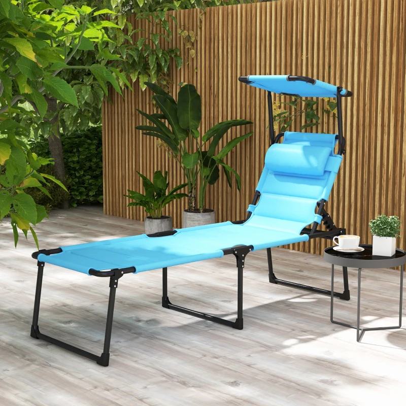Outsunny Outdoor Lounge Chair, 4 Position Adjustable Backrest, Folding, Cushioned w/ Sun Shade Roof & Pillow, Blue