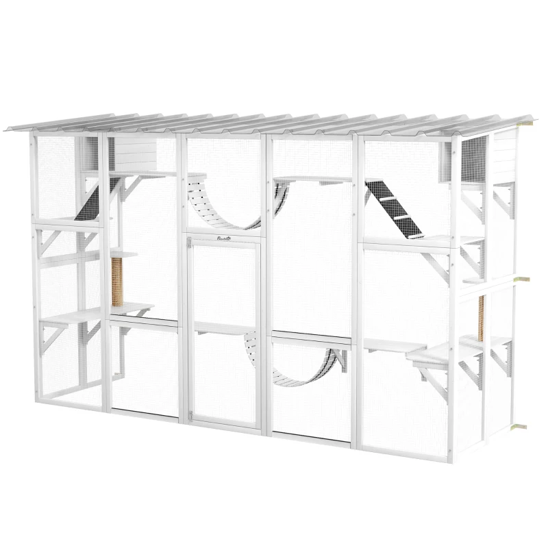 PawHut Large Outdoor Catio with Condos, Platforms, Doors, Ladders, Weather-Resistant Roof, White