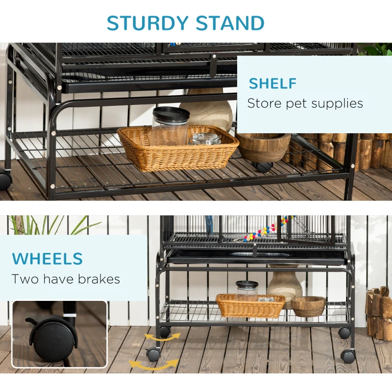 PawHut 71" Bird Cage with Wheels Perches, Ramp, Storage Shelf, Toys for Canaries, Finches, Cockatiels, Parakeets, Black