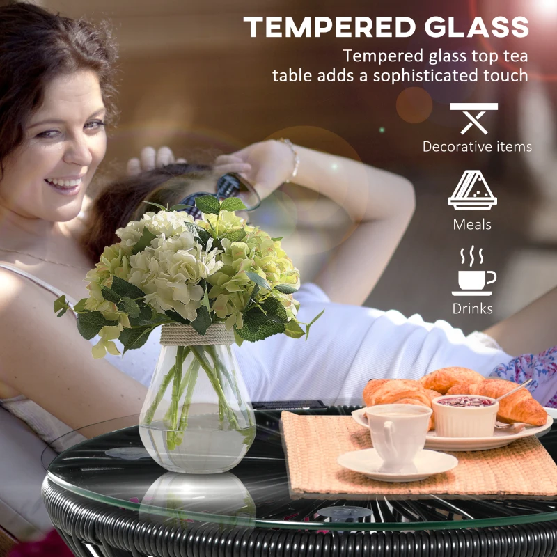 Outsunny Round End Table, Rattan Side Table, Hollow Drum Design Coffee Table w/ Glass Tabletop for Patio, Garden, Balcony, Black